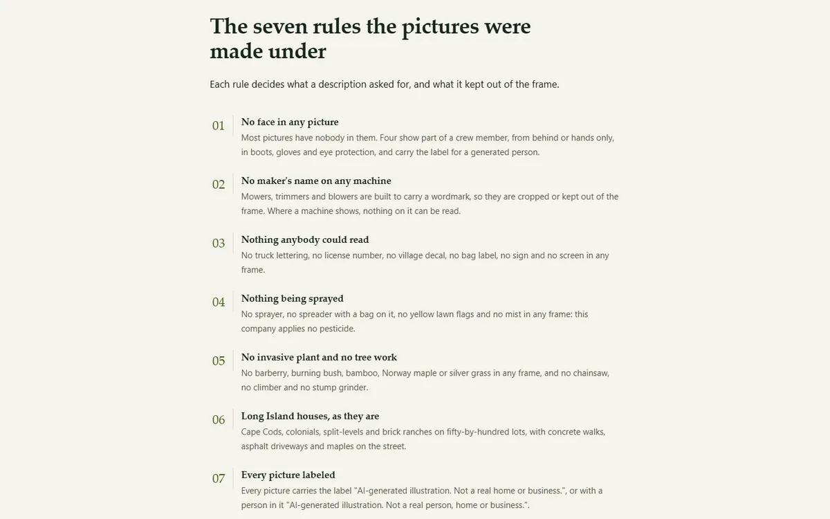 How every picture was made, and the rules it follows of the landscaping and lawn care company demo website, Woodside Stilegate Landscaping, LLC