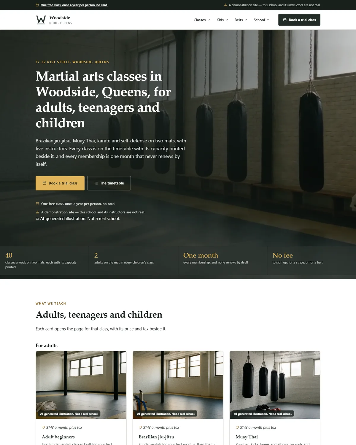 Home page of the martial arts school demo website, Woodside Dojo, LLC