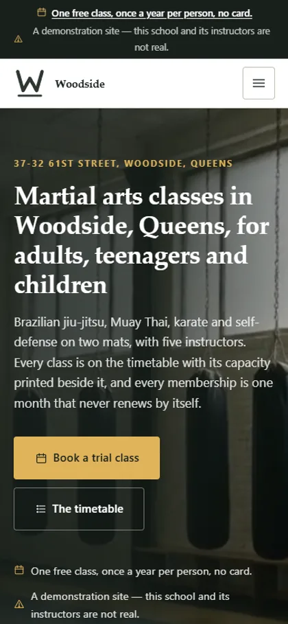 The martial arts school demo website on a phone screen