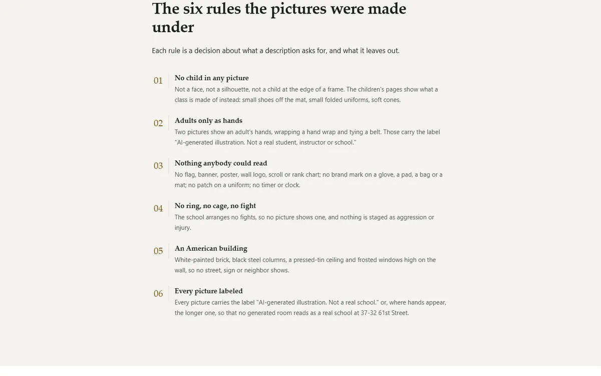 How every picture was made, and the rules it follows of the martial arts school demo website, Woodside Dojo, LLC