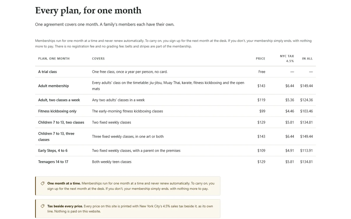 Every plan for one month, with the tax beside every price, and a family worked out of the martial arts school demo website, Woodside Dojo, LLC