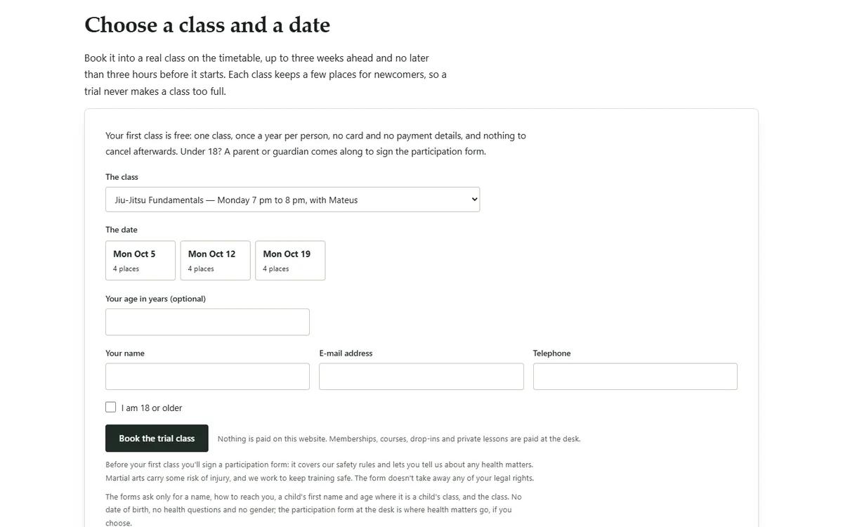 A trial class picked: the class, and only the dates that still have a trial place of the martial arts school demo website, Woodside Dojo, LLC