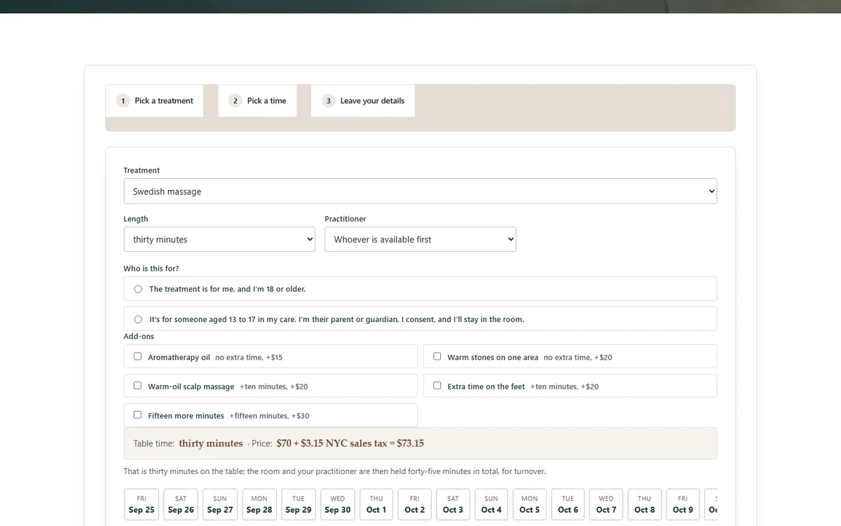 A treatment picked: every length and add-on with its minutes, price and tax, and only the times a practitioner and a room are both free of the massage & acupuncture demo website, Woodside Massage & Acupuncture, PLLC