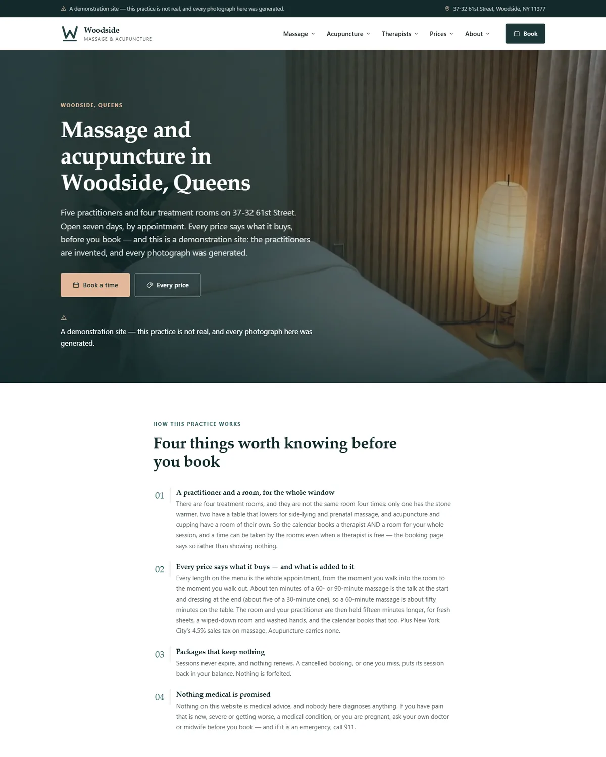 Home page of the massage & acupuncture demo website, Woodside Massage & Acupuncture, PLLC