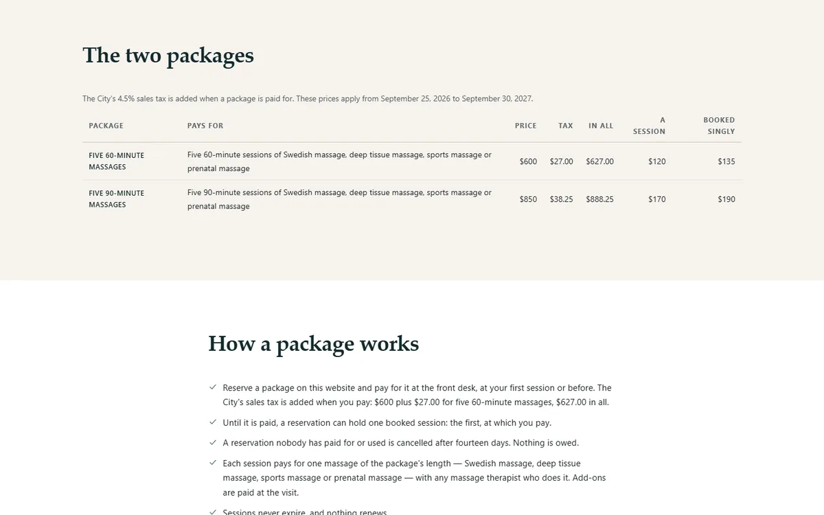Packages that never expire, and the refund worked out of the massage & acupuncture demo website, Woodside Massage & Acupuncture, PLLC