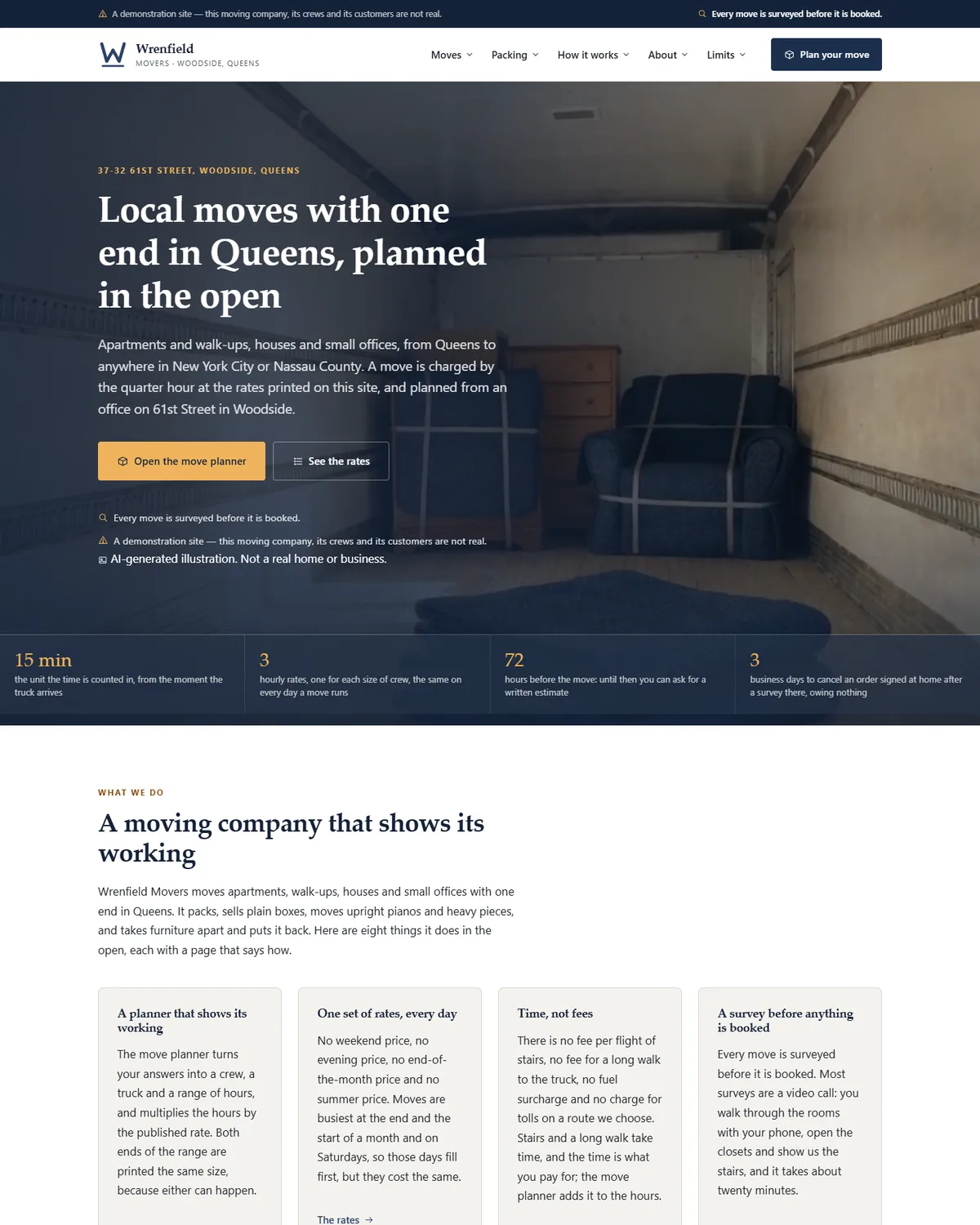 Home page of the local moving company demo website, Woodside Wrenfield Movers, LLC