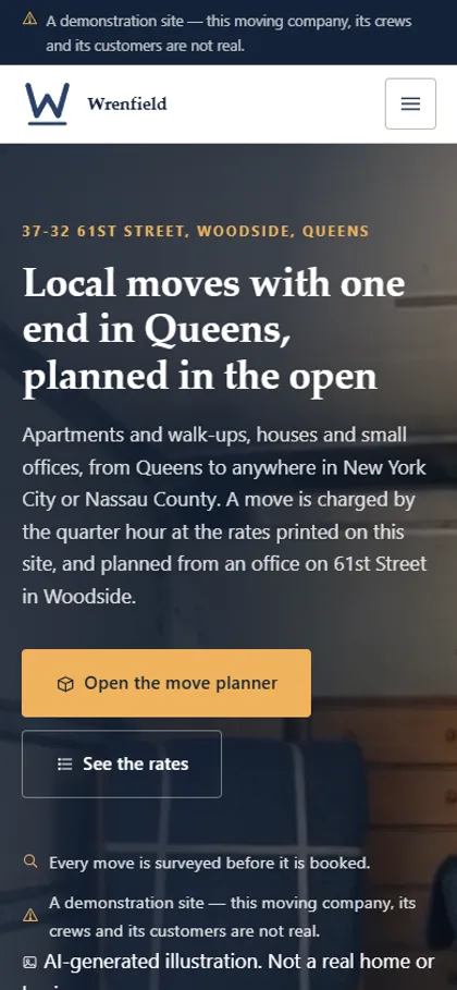 The local moving company demo website on a phone screen