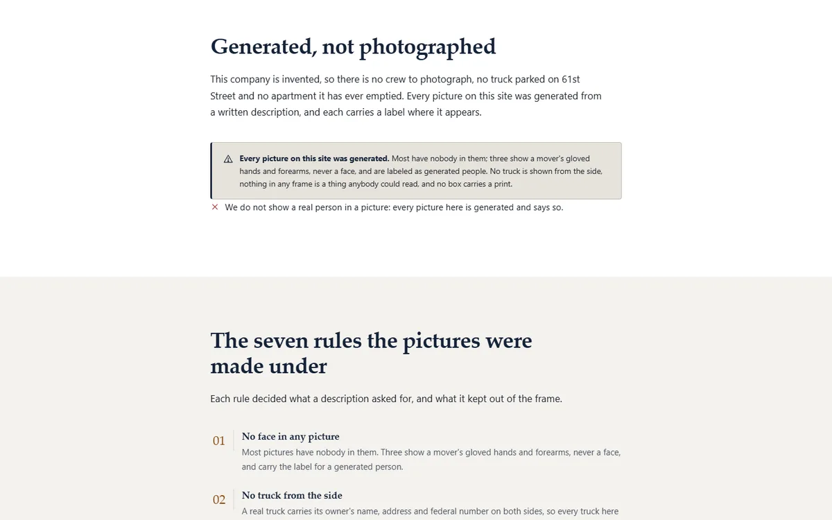 How every picture was made, and why no truck is shown from the side of the local moving company demo website, Woodside Wrenfield Movers, LLC