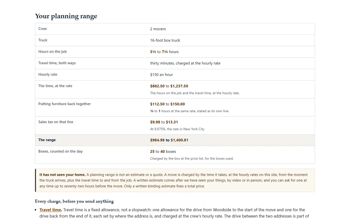 The move planner's result: a crew, a truck, a range of hours at the published rate, and the travel time of the local moving company demo website, Woodside Wrenfield Movers, LLC