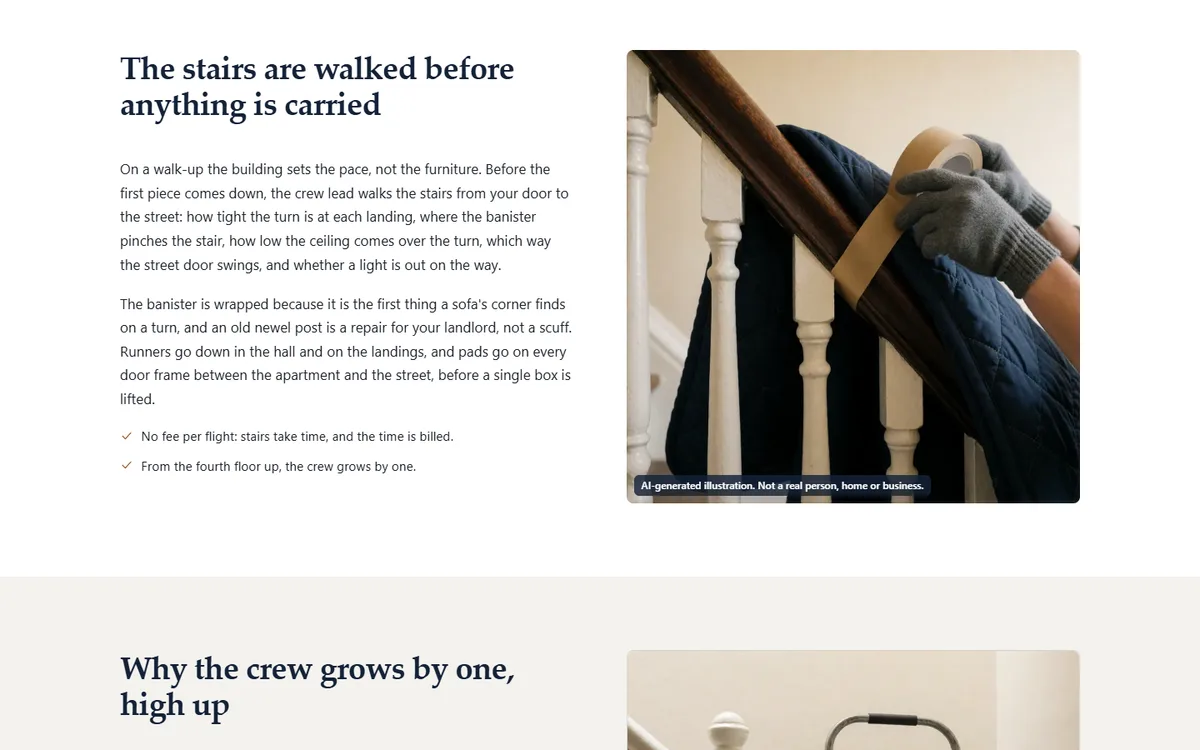 Apartment moves and walk-ups: the stairs walked first, and an extra mover from the fourth floor of the local moving company demo website, Woodside Wrenfield Movers, LLC