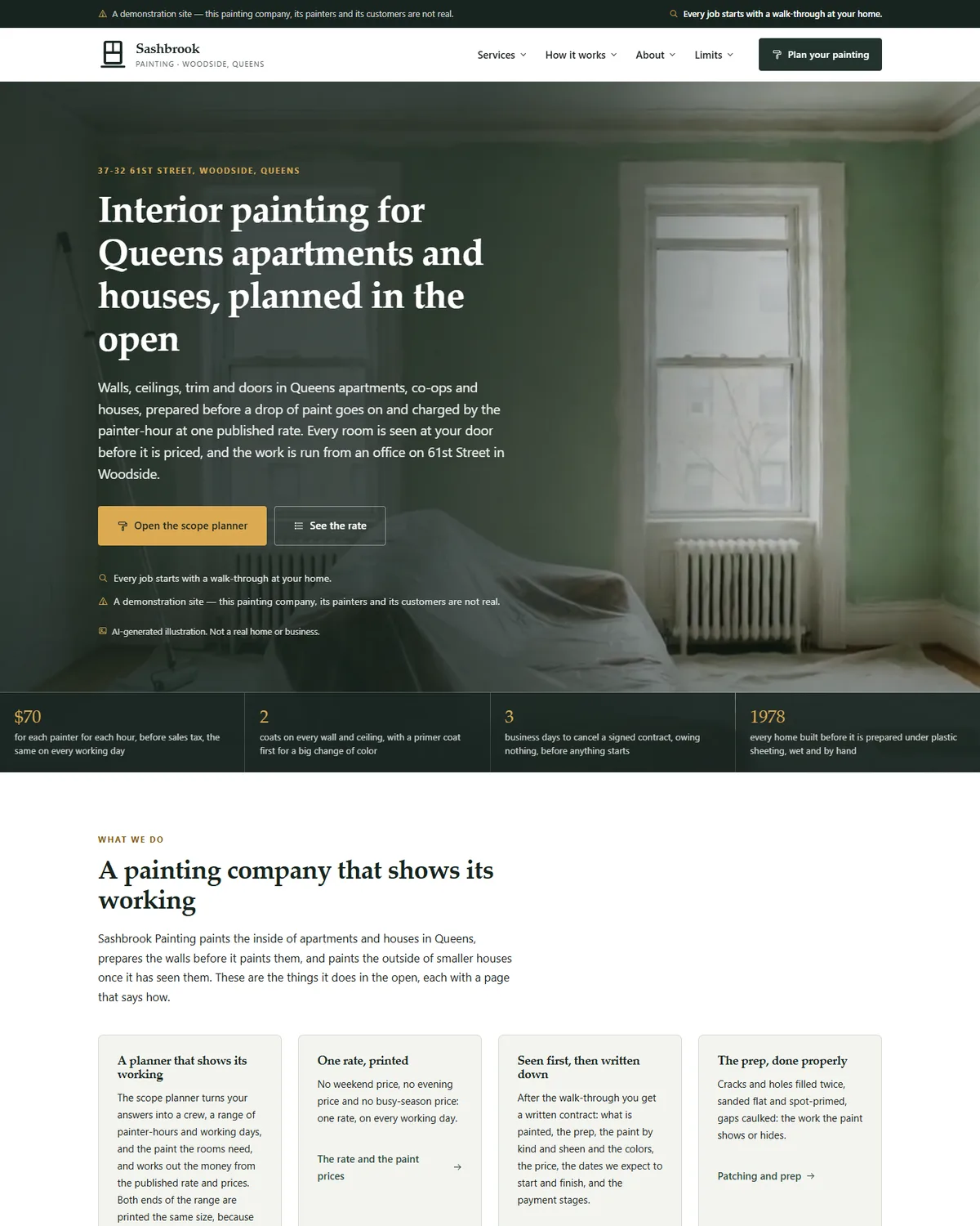 Home page of the residential painting contractor demo website, Woodside Sashbrook Painting, LLC