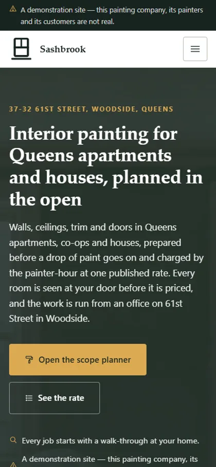 The residential painting contractor demo website on a phone screen