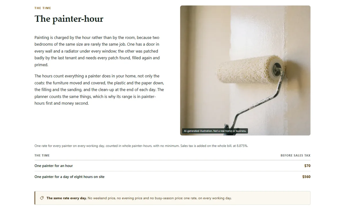 The painter-hour rate, the paint prices and every charge listed of the residential painting contractor demo website, Woodside Sashbrook Painting, LLC