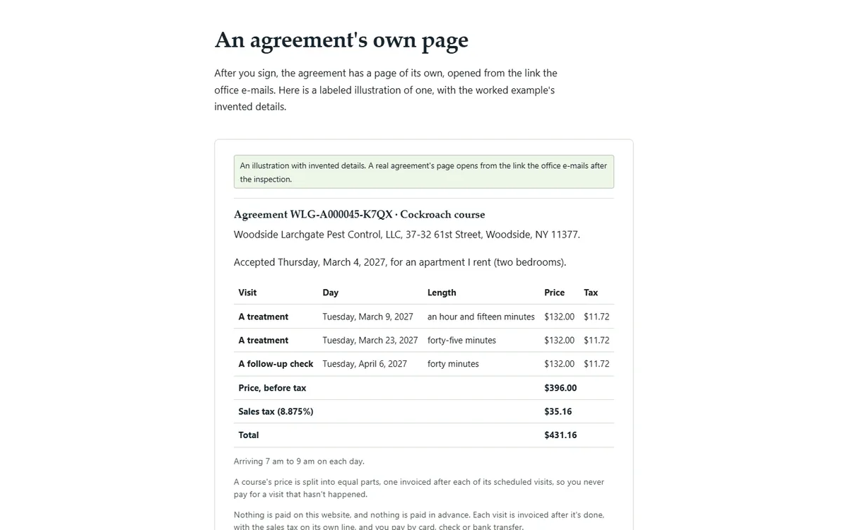 An agreement's own page, with the three days to cancel and the state's notice of the pest control company demo website, Woodside Larchgate Pest Control, LLC