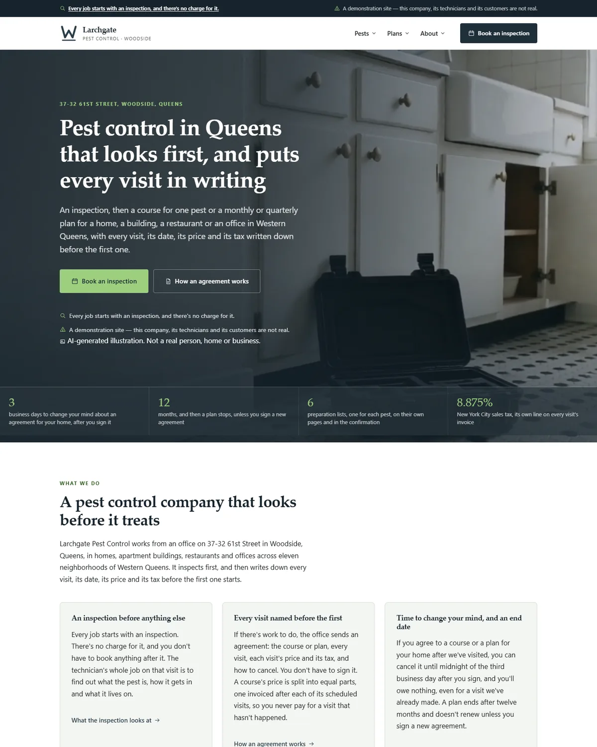 Home page of the pest control company demo website, Woodside Larchgate Pest Control, LLC
