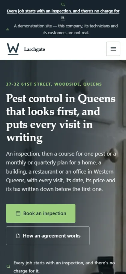 The pest control company demo website on a phone screen