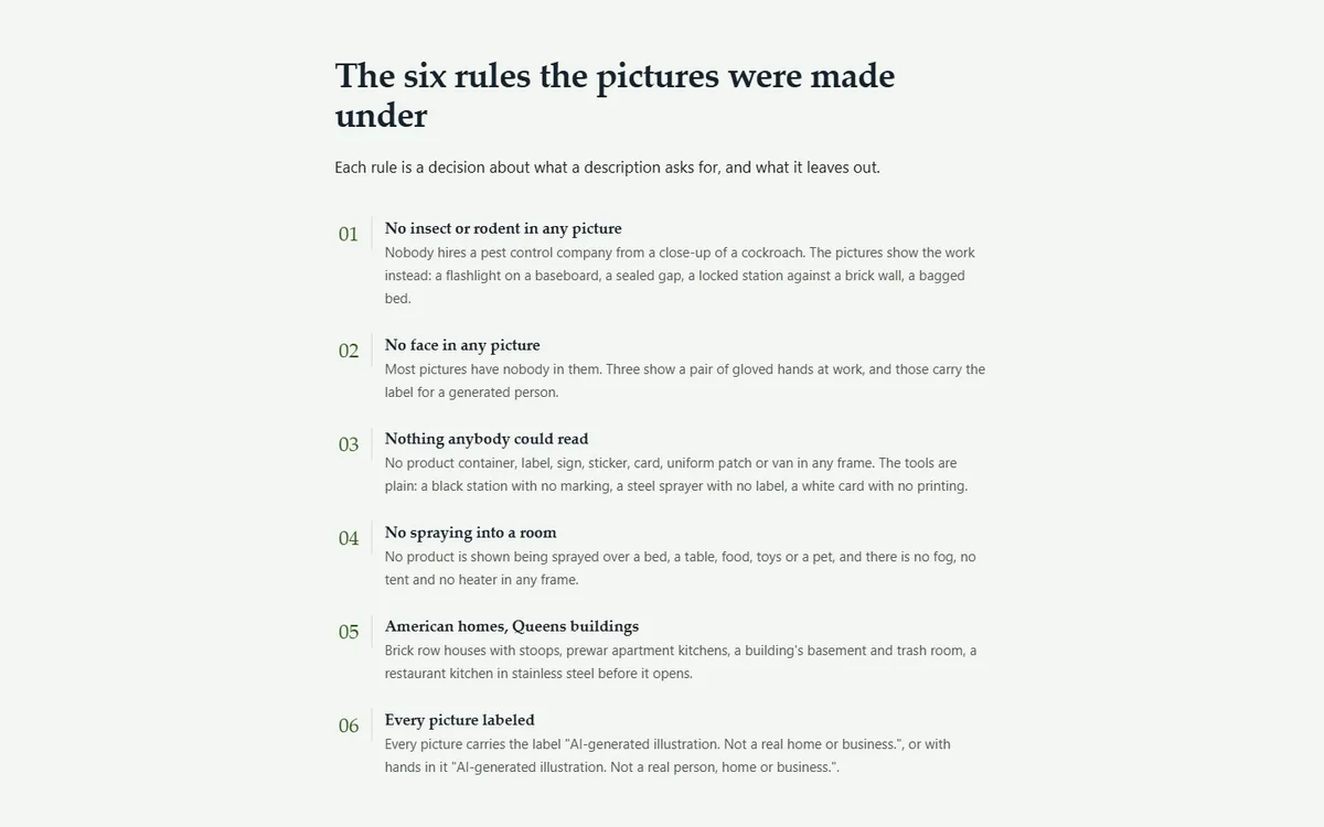 How every picture was made, and why no insect appears in any of them of the pest control company demo website, Woodside Larchgate Pest Control, LLC