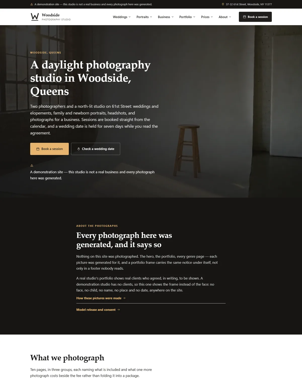 Home page of the photography studio demo website, Woodside Photography Studio, LLC