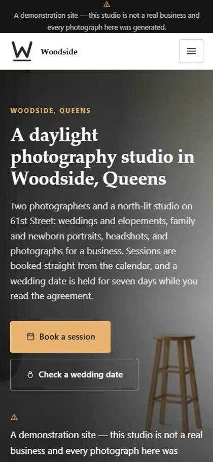 The photography studio demo website on a phone screen