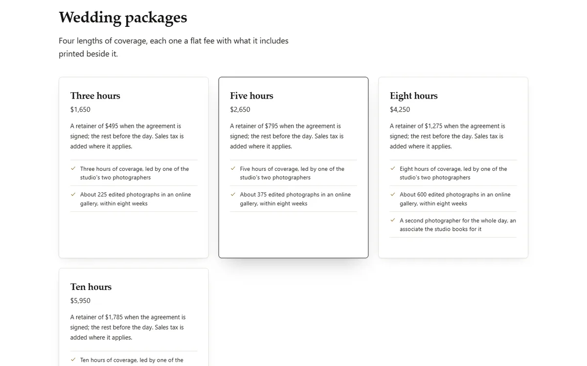 Every wedding package with its hours and its own price, and no 'from' price anywhere of the photography studio demo website, Woodside Photography Studio, LLC