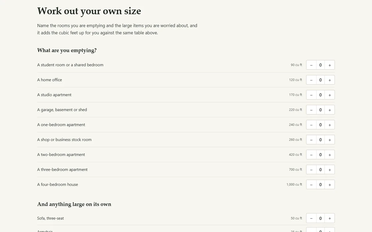 The size estimator: rooms and large items in, cubic feet and a size out of the self storage demo website, Woodside Self Storage, LLC