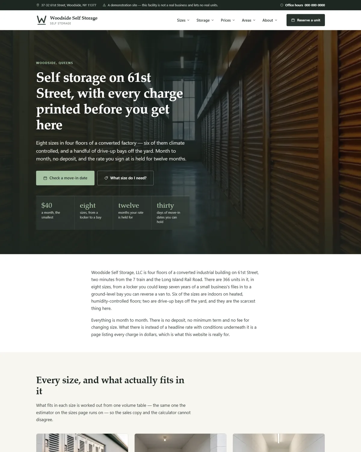 Home page of the self storage demo website, Woodside Self Storage, LLC