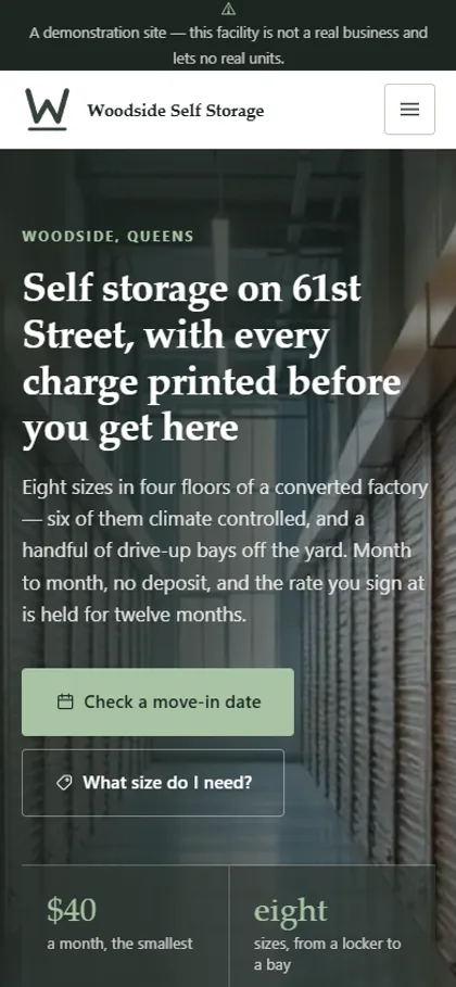 The self storage demo website on a phone screen
