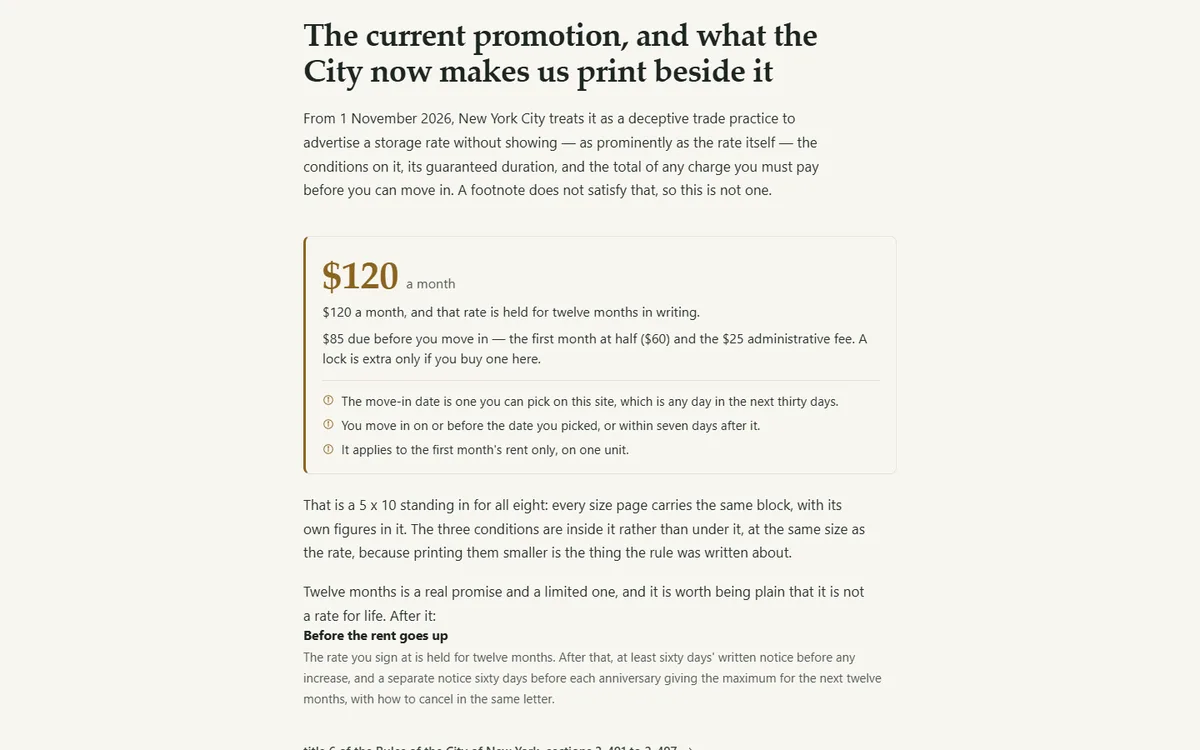 Every rate, with the promotion's conditions printed at the same size of the self storage demo website, Woodside Self Storage, LLC