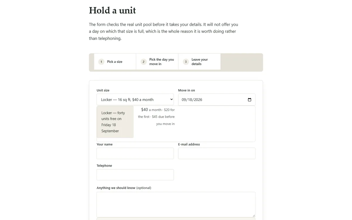 Pick a size and a move-in date, and one unit comes out of the pool of the self storage demo website, Woodside Self Storage, LLC