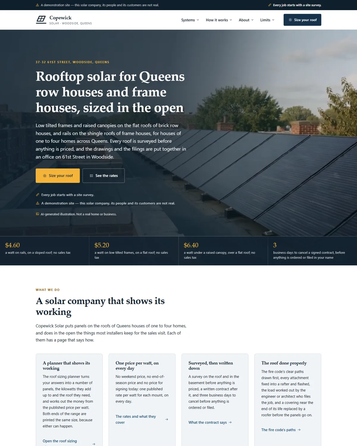 Home page of the residential solar installer demo website, Woodside Copewick Solar, LLC