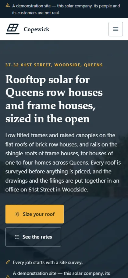 The residential solar installer demo website on a phone screen