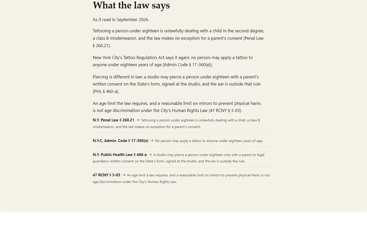 The age law, quoted with its section number, and what the studio does about it of the tattoo studio demo website, Woodside Ink, LLC