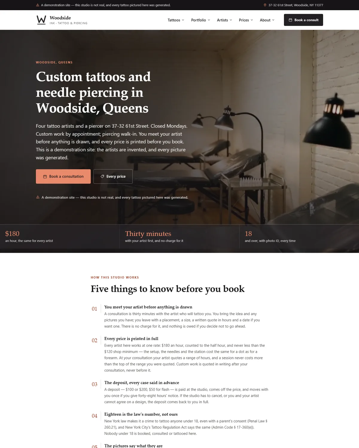 Home page of the tattoo studio demo website, Woodside Ink, LLC