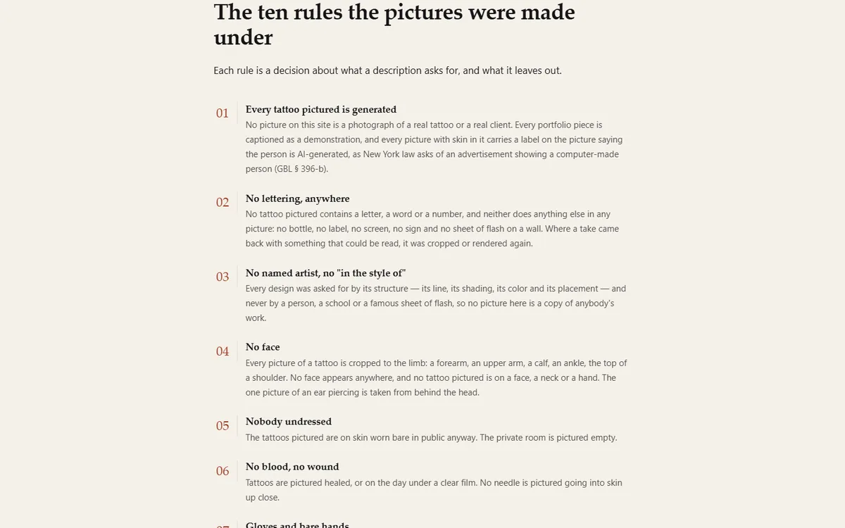 How every picture was made, and the rules it follows of the tattoo studio demo website, Woodside Ink, LLC