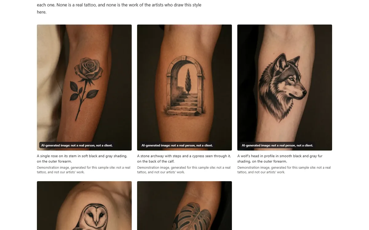 A gallery: every piece captioned as a demonstration and labelled on the picture of the tattoo studio demo website, Woodside Ink, LLC