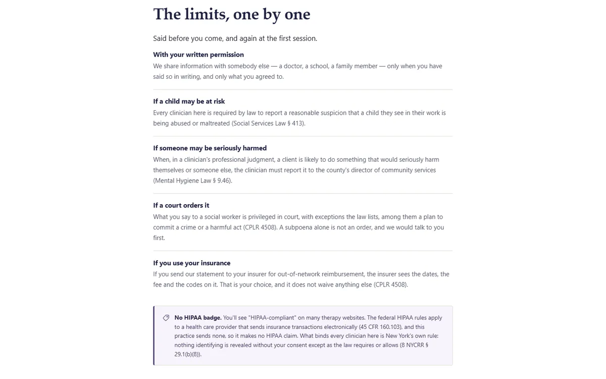 The limits of confidentiality, each with its source of the therapy practice demo website, Woodside Psychotherapy LCSW, PLLC