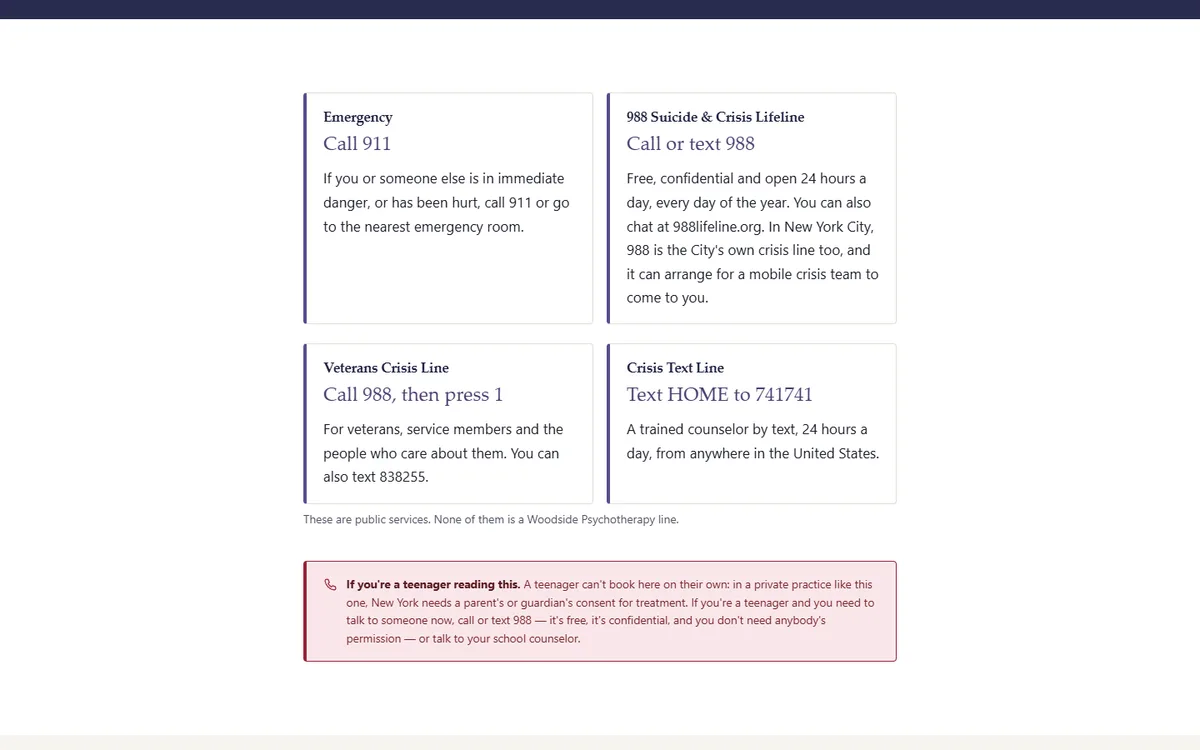 The crisis page: 988, 911, the text and veterans lines, and no picture of the therapy practice demo website, Woodside Psychotherapy LCSW, PLLC
