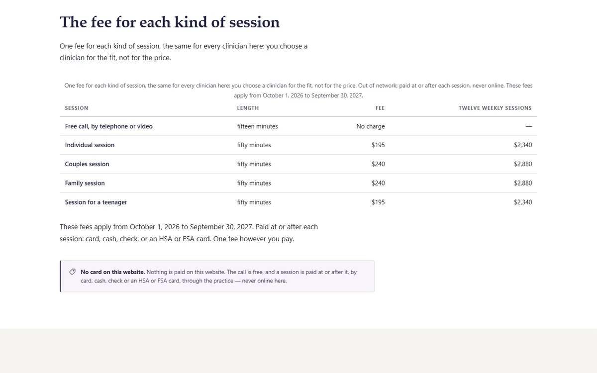 One fee for each kind of session, dated, with twelve weekly sessions priced out of the therapy practice demo website, Woodside Psychotherapy LCSW, PLLC