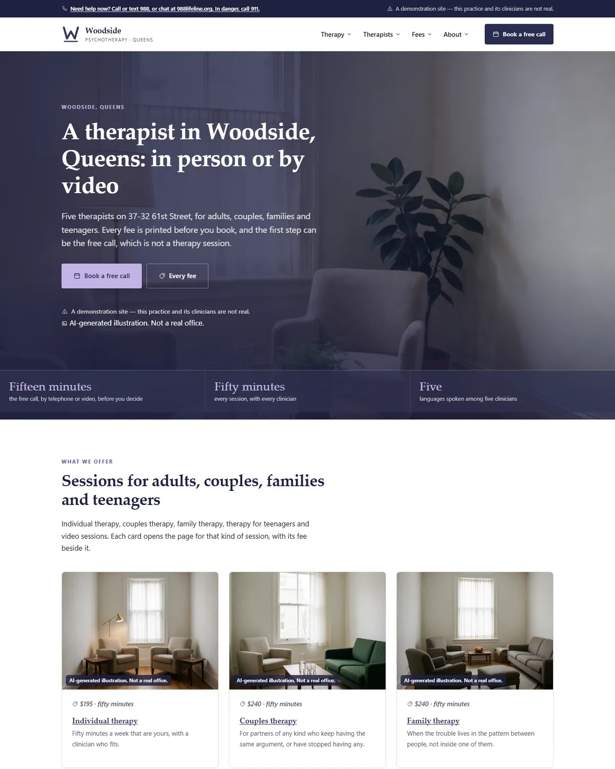 Home page of the therapy practice demo website, Woodside Psychotherapy LCSW, PLLC
