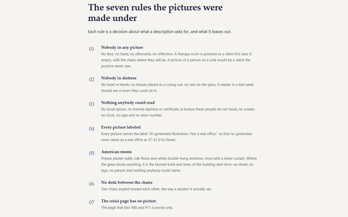 How every picture was made, and the rules it follows of the therapy practice demo website, Woodside Psychotherapy LCSW, PLLC