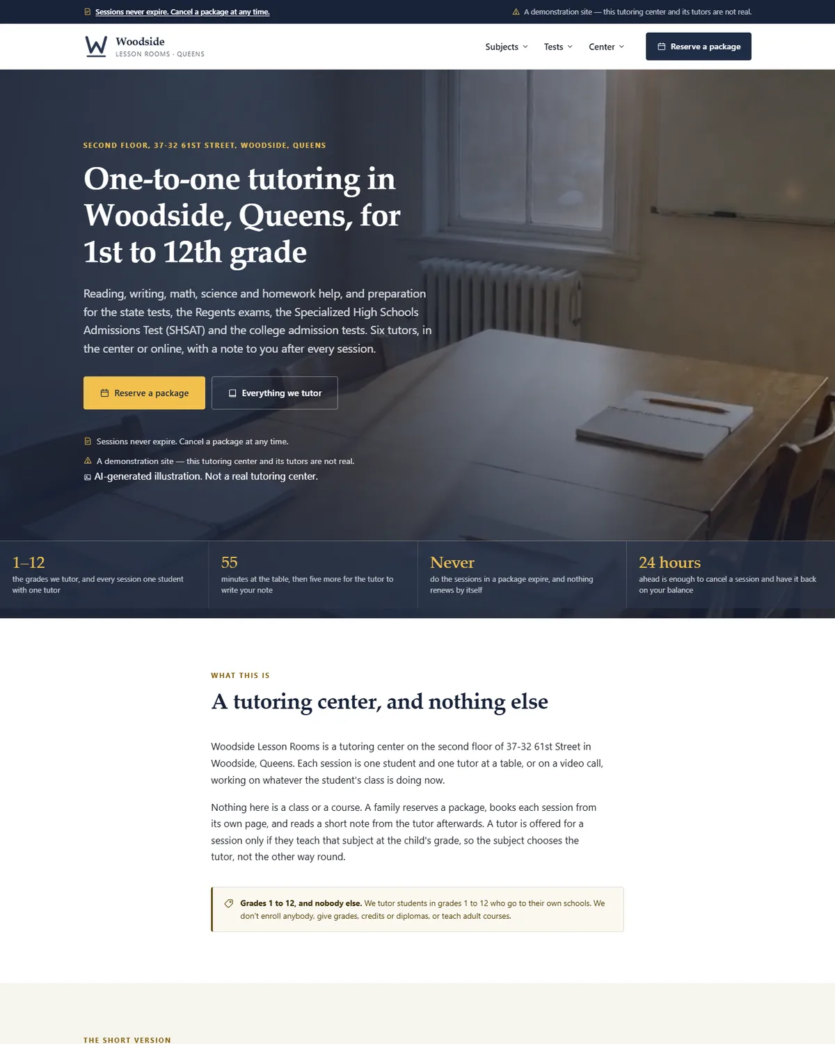 Home page of the tutoring center demo website, Woodside Lesson Rooms, LLC