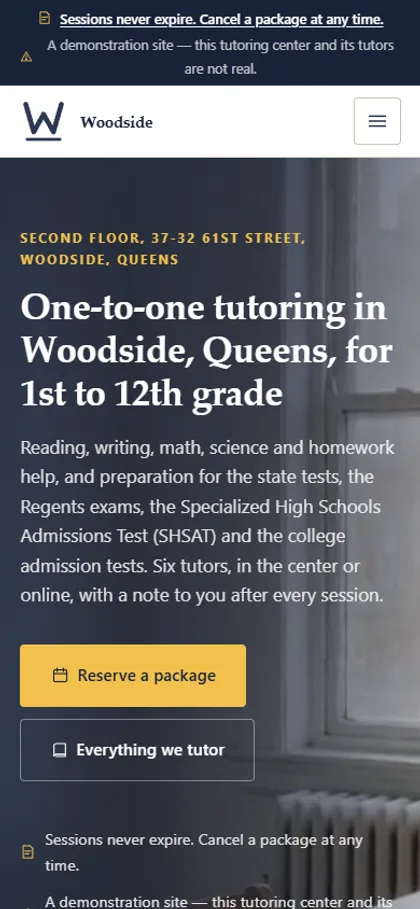 The tutoring center demo website on a phone screen