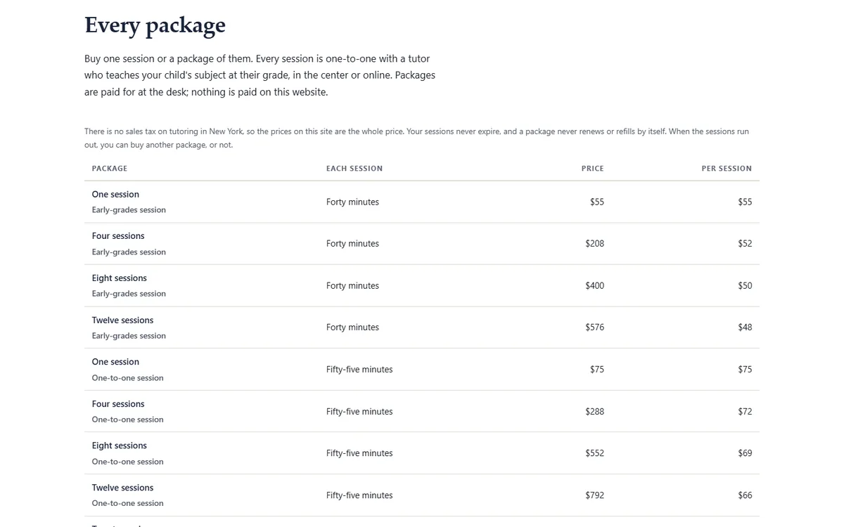 Every package at every length, with the price per session and no tax of the tutoring center demo website, Woodside Lesson Rooms, LLC