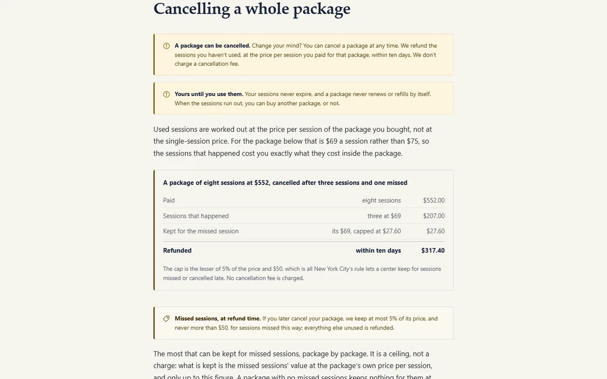 A cancelled package's refund, worked out by the city's own formula of the tutoring center demo website, Woodside Lesson Rooms, LLC