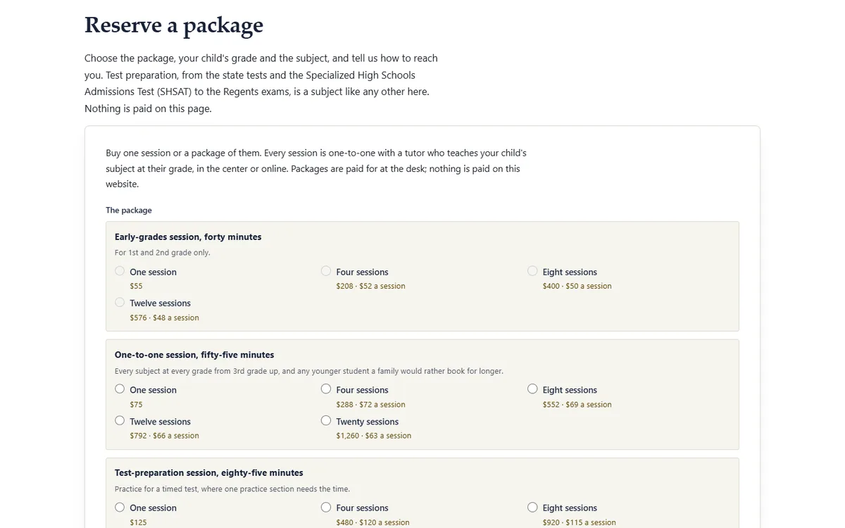 A package reserved: grade and subject chosen, and only the packages that grade can use of the tutoring center demo website, Woodside Lesson Rooms, LLC